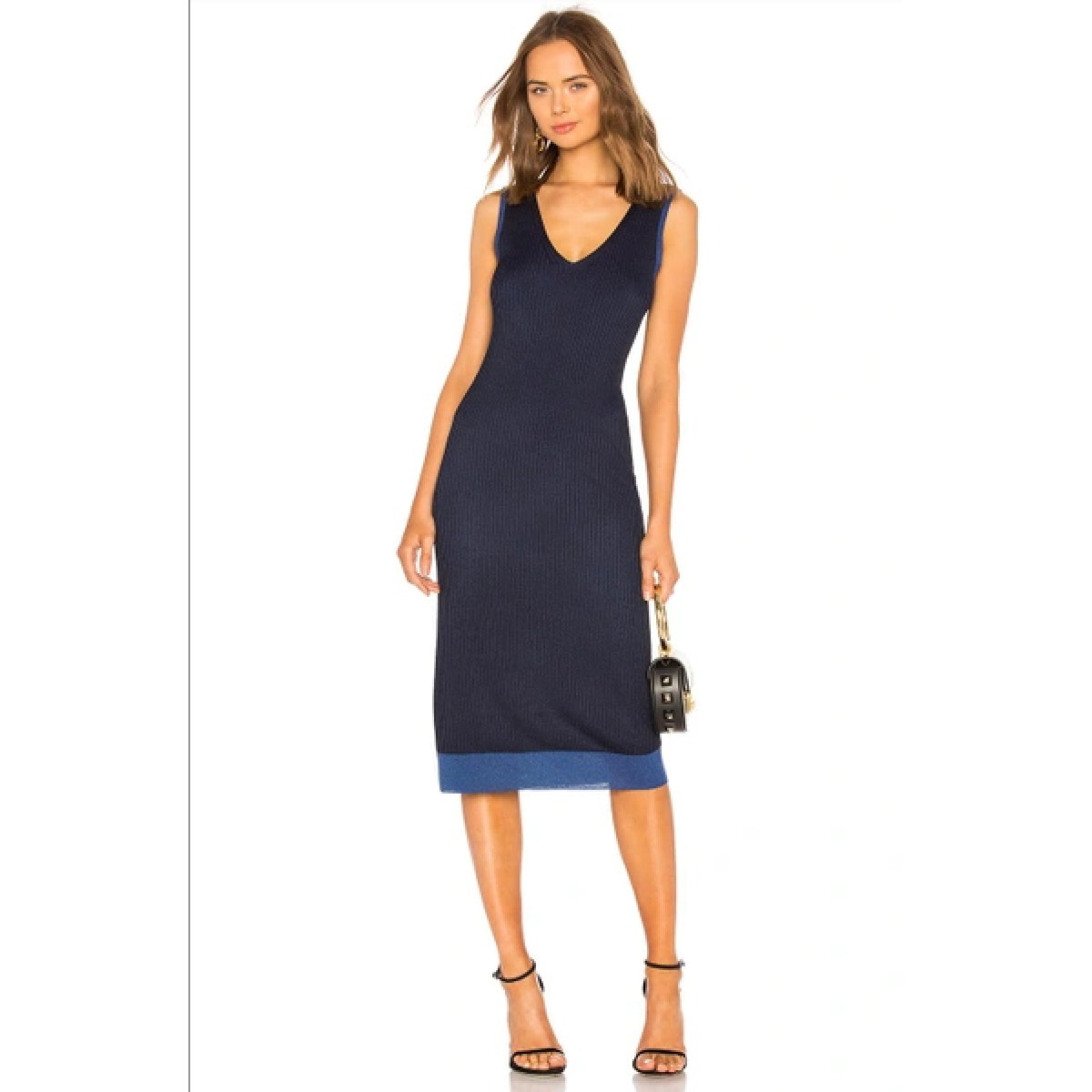 Rag & Bone Navy Blue Cora Ribbed Double Knit V-Neck Sleeveless Midi Dress Xs